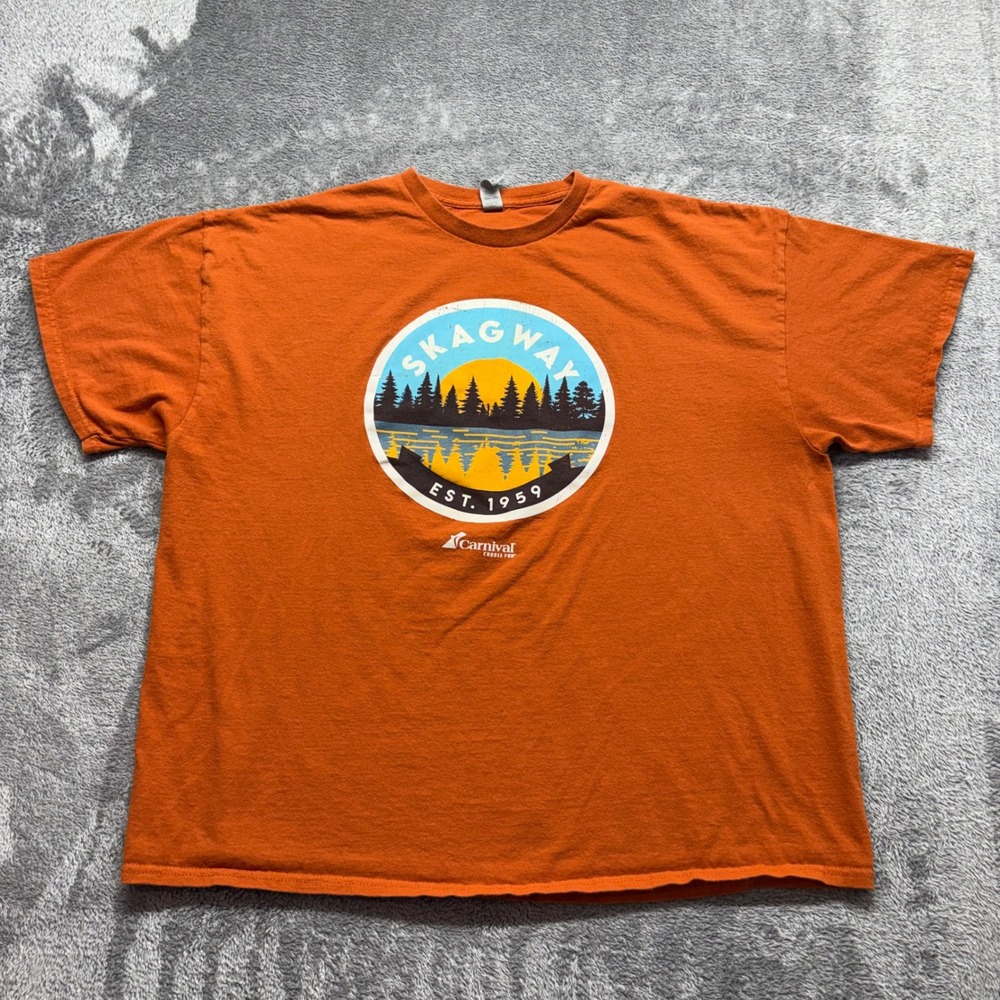 Gildan T-Shirt Mens 2XL Orange Good Skagway Alaska Carnival Cruise Graphic Tee